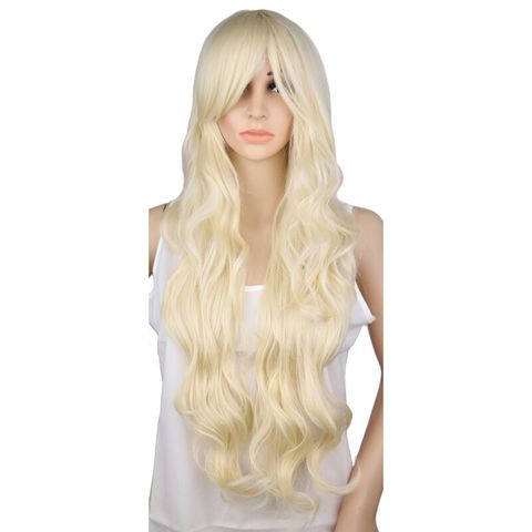 QQXCAIW largo rizado peluca rubia del Partido de Cosplay de las mujeres 70 Cm de alta temperatura de pelucas de pelo sintético ► Foto 1/3