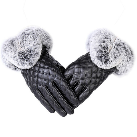 KUYOMENS moda mujeres cálido grueso invierno guantes cuero elegante chicas marca mitones tamaño libre con guantes de piel de conejo ► Foto 1/6