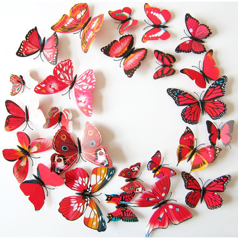 Pegatinas de pared de mariposas Rojas/blancas para decoración del hogar, imán de mariposa 3D para pared, bricolaje, decoración de boda, 12 Uds. ► Foto 1/6