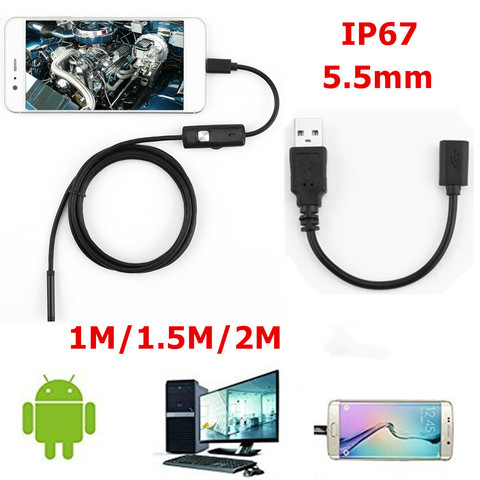 Endoscopio de 7mm 5,5mm cámara HD USB endoscopio con 6 LED 1/1. 5 m 2 Cable suave impermeable boroscopio de inspección para Android PC ► Foto 1/6