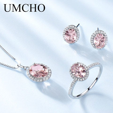 UMCHO-juegos elegantes de joyería de zafiro rosa para mujer, joyas de plata de ley 925, collares, anillos, pendientes para mujer, regalos de boda ► Foto 1/5