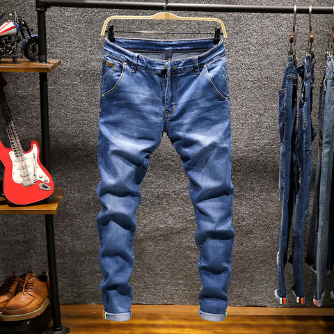 Vaqueros Skinny Hombre cordón Slim Pantalón tipo chándal de Denim Stretch Hombre Jean pantalones lápiz azul de los hombres de los pantalones vaqueros de moda Casual Hombre ► Foto 1/6