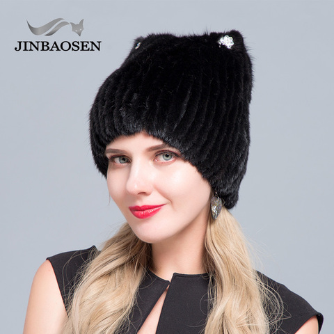 JINBAOSEN-gorro de piel de visón tejido con orejas de gato para mujer, gorro de esquí, estilo europeo y americano ► Foto 1/6