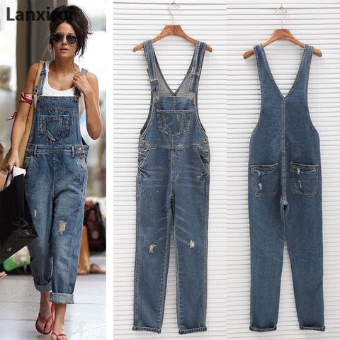 Moda mujer Denim Jumpsuit señoras primavera moda suelta Jeans mamelucos mujer Casual de talla grande mono con bolsillo ► Foto 1/6