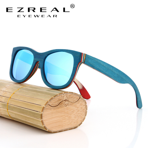 Gafas de sol de madera de diseñador de marca EZREAL nuevas gafas de sol de madera de monopatín azul polarizadas para hombres con gafas Vintage Retro de caja Original ► Foto 1/6