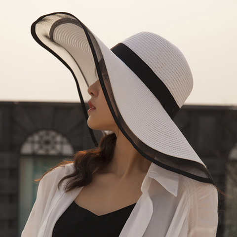 HT2504-Sombrero de verano anti-UV para mujer, sombrero de ala ancha, plano liso, flexible, paja, ala de malla ► Foto 1/6