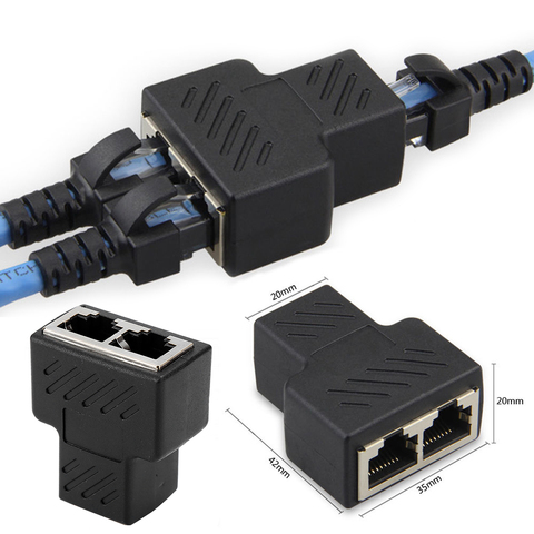 Adaptador divisor de conexiones de red Ethernet, 1 a 2 puertos hembra duales, CAT5/CAT 6, RJ45, color negro ► Foto 1/6