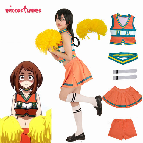 Disfraz de My Hero Academia para niñas, uniforme para porristas Ochako Tsuyu bnha, con pompones para animadoras ► Foto 1/3