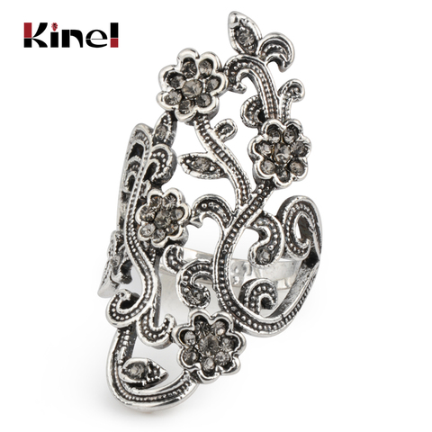 Kinel elegante antiguo tibetano plata Flor de cristal anillos para las mujeres joyería de la vendimia de cristal gris gran anillo accesorios de fiesta ► Foto 1/6