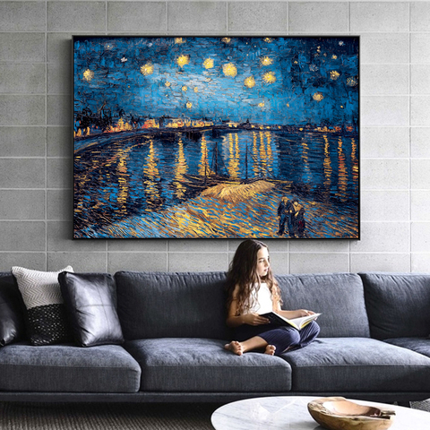 Cuadros en lienzo de noche estrellada de Van Gogh, réplicas en la pared, Cuadros en lienzo de noche estrellada impresionista para sala de estar ► Foto 1/5