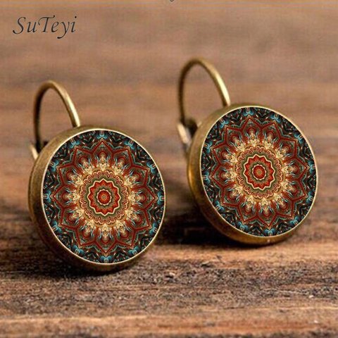 SUTEYI Vintage Domo Mandala de cristal arte pendientes Henna Yoga cristal pendiente símbolo Om el budismo Zen pendientes para las mujeres joyería ► Foto 1/5