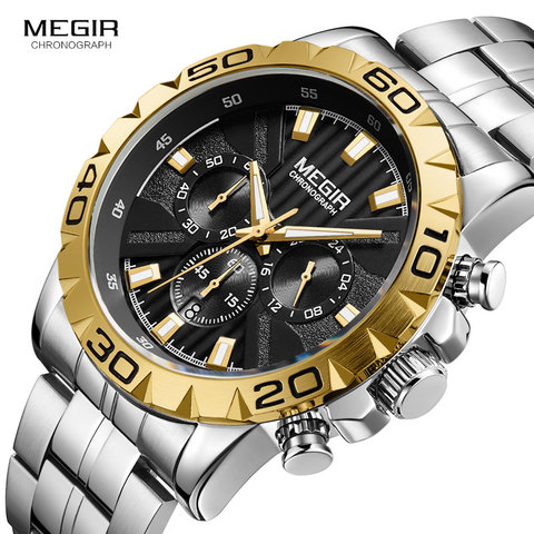 MEGIR-relojes de cuarzo con cronógrafo de negocios para hombre, reloj de pulsera Masculino, luminoso, resistente al agua, dorado, 2087 ► Foto 1/6