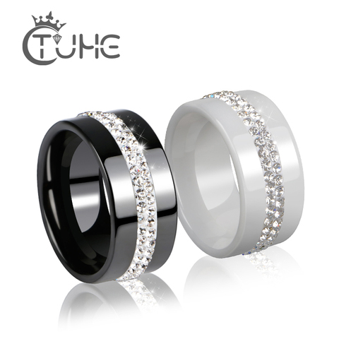 10MM de ancho de dos filas de cristal anillos joyería para mujer suave blanco negro anillos de cerámica de la manera Material de anillo de boda ► Foto 1/6
