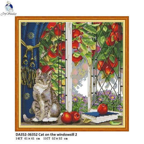 Kit de punto de cruz de gato en el alféizar de la ventana, bordado de tela DMC, juegos de costura, accesorios para decoración del hogar ► Foto 1/6