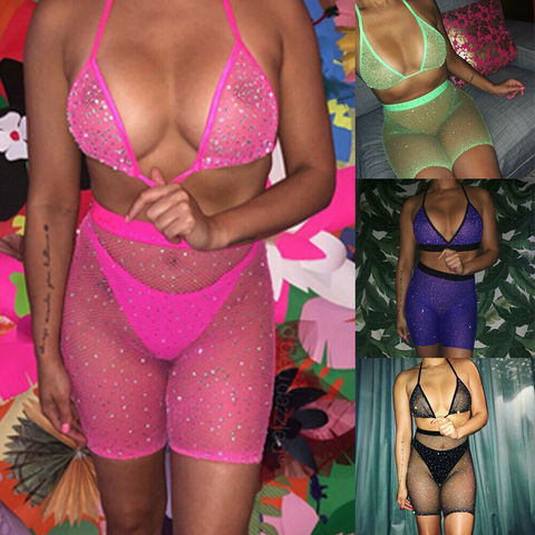 Bodydoll Sexy para mujer, lencería con diamantes de imitación, malla de rejilla, sujetador Halter, pantalones cortos de cintura alta, Babydoll con lentejuelas, ropa interior para dormir, 2022 ► Foto 1/6