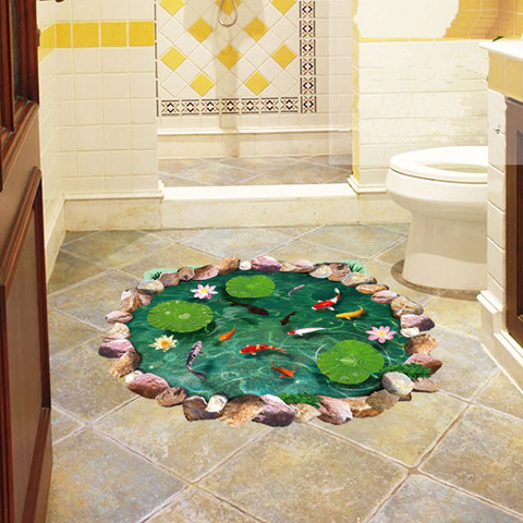 3D lotus pond Fish Floor sticker baño sala de estar piso decoración mural para decoración del hogar pared calcomanías papel pintado pegatinas ► Foto 1/6