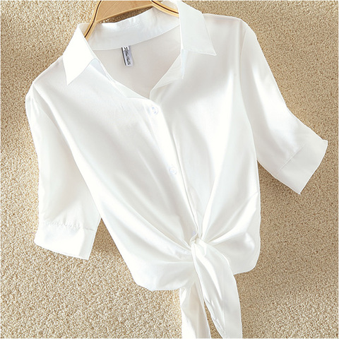 Blusa holgada informal de algodón con manga corta para verano, camisa blanca para mujer, 100% ► Foto 1/6