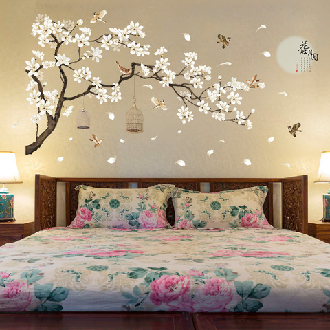 60*90cm doble de gran tamaño pegatinas de pared de árbol aves flor decoración fondos para sala de estar dormitorio vinilo DIY decoración de habitaciones ► Foto 1/6