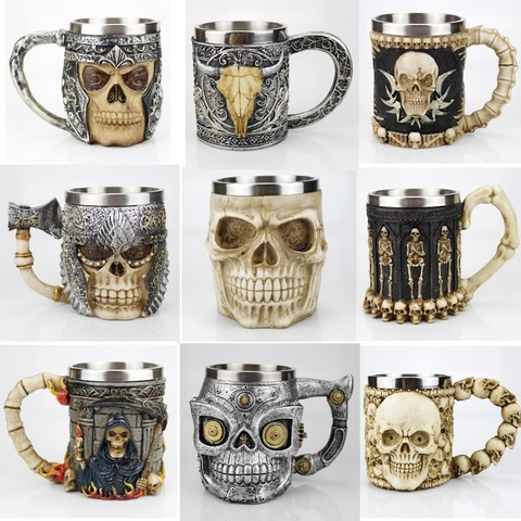 La taza de cráneo contiene el esqueleto Vikingo, El caballero de la muerte, diseño gótico, tazas de café cerveza, el mejor regalo para Halloween del Día del Padre ► Foto 1/6