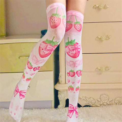 Muslo de verano de las mujeres sobre la rodilla calcetines chica Sexy largo medias 3D de impresión rojo fresa Rosa medias 7H-SW09 ► Foto 1/6