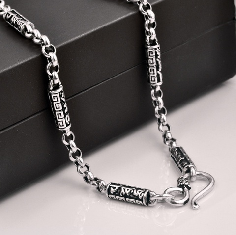 Collar de plata sólida de seis personajes para hombre, Mantra de plata pura tallada, Buda, Mantra cruzado, tótem, cadena, joyería ► Foto 1/5