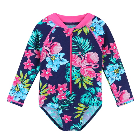 BAOHULU-bañador de flores de color azul marino para bebé, traje de baño de manga larga UPF50 + para niña, ropa de baño de una pieza para niño pequeño, ropa de playa ► Foto 1/6