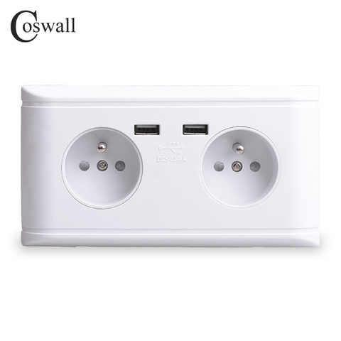 Coswall-puerto de carga USB Dual, 5V, 2.4A, 16A, enchufe de pared doble, adaptador de cargador estándar de Francia ► Foto 1/4