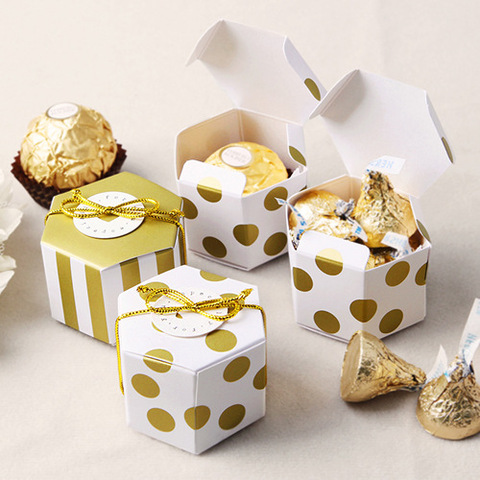 Hermosa oro Polka Dot rayas oro cajas de papel para dulces para bebé ducha caja de regalo de cumpleaños de la boda de la cajita de recordatorio para fiestas ► Foto 1/5