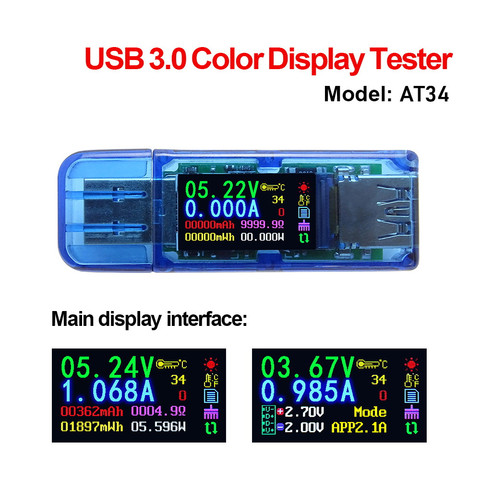AT34 USB3.0 IPS HD pantalla de Color USB probador de la capacidad de corriente de voltaje de energía impedancia equivalente probador de la temperatura ► Foto 1/5