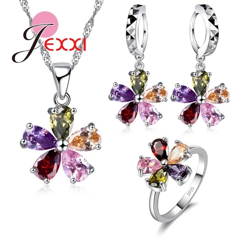 Regalo de Navidad para mujer a la moda, conjuntos de joyas de plata de ley 925 de alta calidad, collar de cristal Multicolor + pendientes + anillo ► Foto 1/6