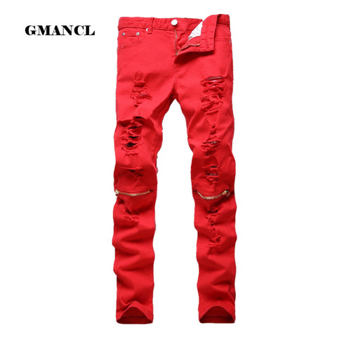 Pantalones vaqueros rasgados de motorista para hombre, 100% de algodón, rojo, negro y blanco, ajustados, para correr ► Foto 1/6