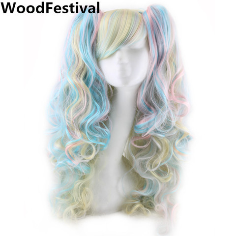 WoodFestival-pelucas de pelo sintético para mujer, peluca ondulada de Cosplay con flequillo, Clip de dos garras, coleta rosa, rojo, azul, negro y blanco ► Foto 1/6