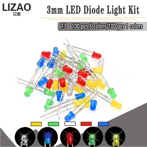 Kit surtido de diodo de luz LED, 5MM, F3, 3mm, verde, azul, blanco, amarillo, rojo, lote de 100 unidades ► Foto 1/6