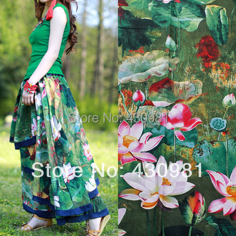 Material de algodón y lino para vestido, cortina de loto verde, tissu, tejido étnico, 100x140cm ► Foto 1/6