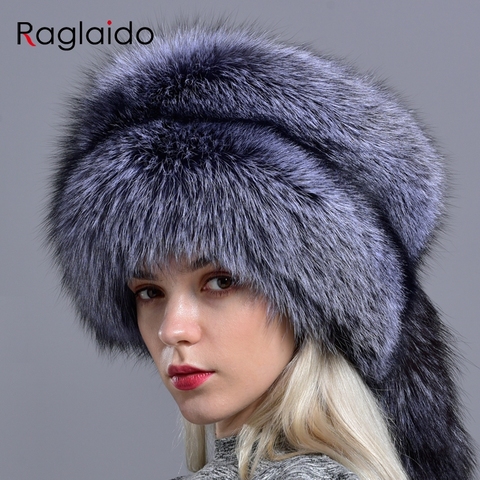 Raglaido-gorros de piel de zorro real para mujer, gorrito grueso ruso a la moda, gorrito cálido natural, sombrero de piel esponjosa con cola ► Foto 1/6