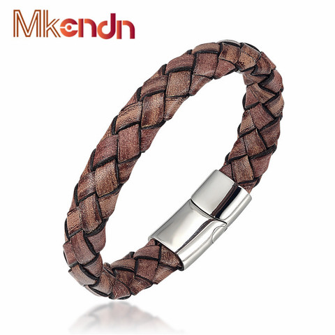 MKENDN-pulsera de cuero trenzado de acero inoxidable para hombre, brazalete Vintage, hecho a mano, marrón, cierre magnético ► Foto 1/3