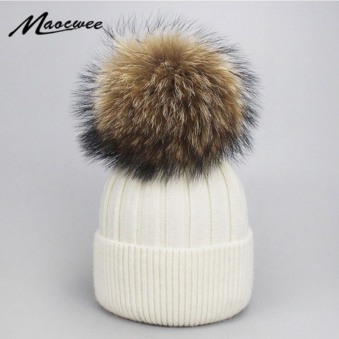 Gorro de lana para niña y mujer, gorro de punto con pompón de piel de mapache Real para padres e hijos, con núcleo gorro de lana, gorros casuales cálidos ► Foto 1/6