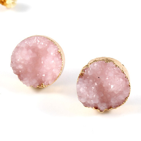 Bijoux-pendientes de piedra Natural drusa para mujer, 1 par, aretes de tuerca simples a la moda, Color dorado, rosa, rojo, redondo, joyería ► Foto 1/6