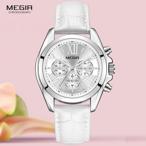 MEGIR2022-Reloj de cuero de lujo para mujer, cronógrafo femenino, de pulsera de cuarzo, blanco, 2114 ► Foto 1/6