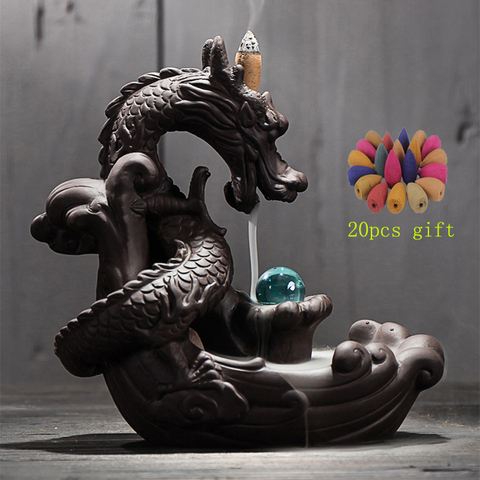 Quemador de incienso de reflujo, Dragon con bola de cristal + 20 piezas, soporte creativo de cerámica para incienso, conos de incienso ► Foto 1/6