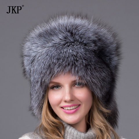 Silver Fox Fur Ushanka Hat 100% piel auténtica. Zorro plateado con cola de zorro, gorro de oreja mujer sombrero de invierno gran círculo ► Foto 1/6