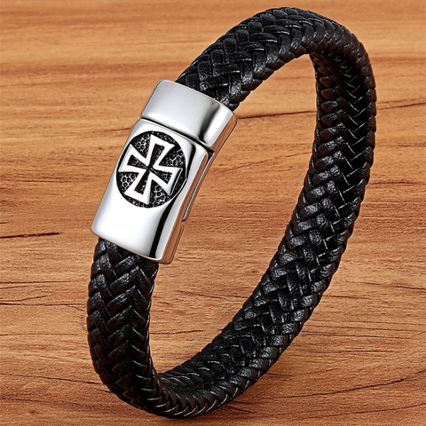 XQNI-pulsera de cuero genuino con hebilla de aleación para hombre, brazalete con patrón de Cruz de Color negro, joyería fina de acero inoxidable, pulsera con escultura ► Foto 1/6