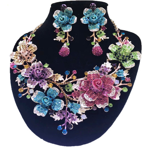 Conjuntos de joyería de boda de oro de Dubái para mujer, conjunto de collar grande, conjuntos de joyas de oro de 24k, collar de flores de rosa ► Foto 1/6