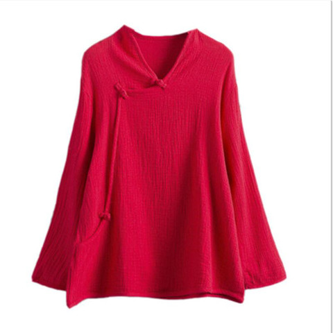 Nueva blusa Vintage de manga larga de otoño para mujer, camisas de lino de algodón tejido casual holgadas de estilo chino de moda, puls tamaño S-5XL 6XL ► Foto 1/6