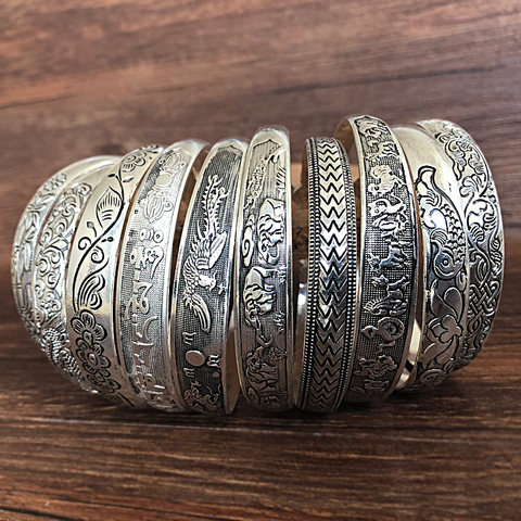 Nuevo Retro pulseras de brazalete de plata tibetana talla de Metal peces elefante flor brazaletes Vintage joyería regalos Mujer ► Foto 1/6