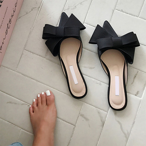 2022 zapatos de mujer de primavera y verano de satén de seda coreana zapatillas de corbata de moño Baotou zapatos de tacón plano semi zapatillas ► Foto 1/5