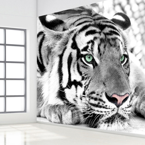 Papel pintado con foto 3D personalizado de tigre para pared, pintura de Animal blanco y negro para sala de estar, dormitorio, Fondo de entrada, Mural de pared, papel tapiz ► Foto 1/5