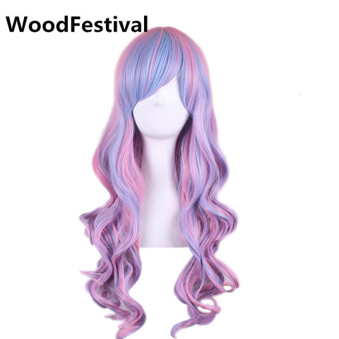 WoodFestival-Peluca de pelo largo sintético multicolor para mujer, cabello ondulado con flequillo, color rosa, rojo, azul, marrón oscuro, arcoíris ► Foto 1/6