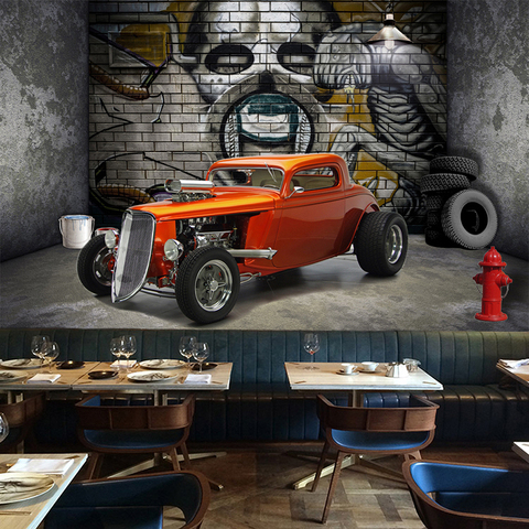 Murales de pared 3D personalizados papel pintado creativo estereoscópico espacio coche calavera calle Graffiti arte restaurante Fondo pintura de pared ► Foto 1/6