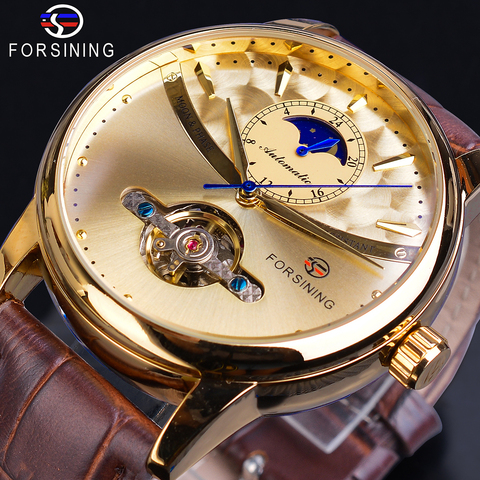 Forsining Moon Phase-Reloj Automático para hombre, reloj de pulsera mecánico dorado, resistente al agua, Tourbillon informal de cuero genuino ► Foto 1/6